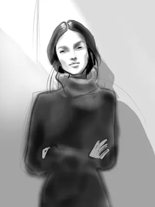 Monochrome illustration of a woman wearing a turtleneck sweater with arms crossed