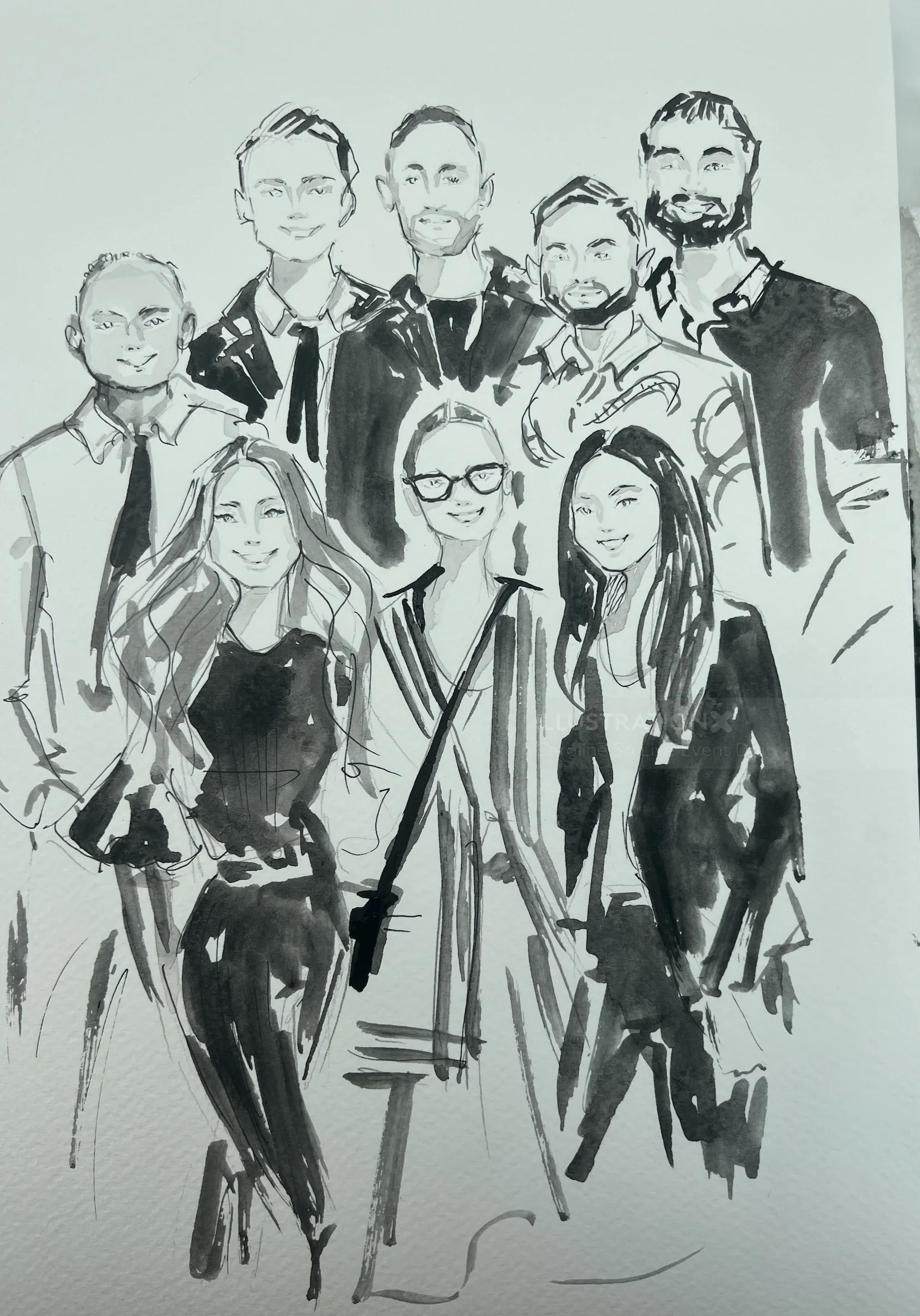 Monochrome ink drawing of eight people standing and smiling