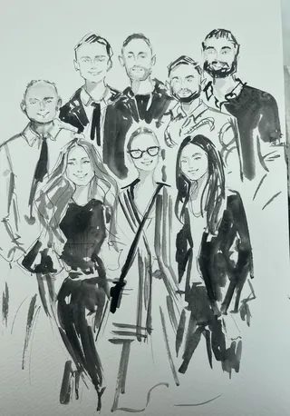 Monochrome ink drawing of eight people standing and smiling