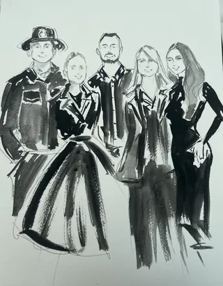 Ink drawing of five people posing with fashion-forward outfits