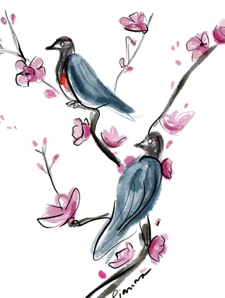 Bird illustration on linen lantern for Lunar New Year event