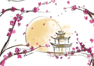 Pagoda with cherry blossom branches and full moon in the background.