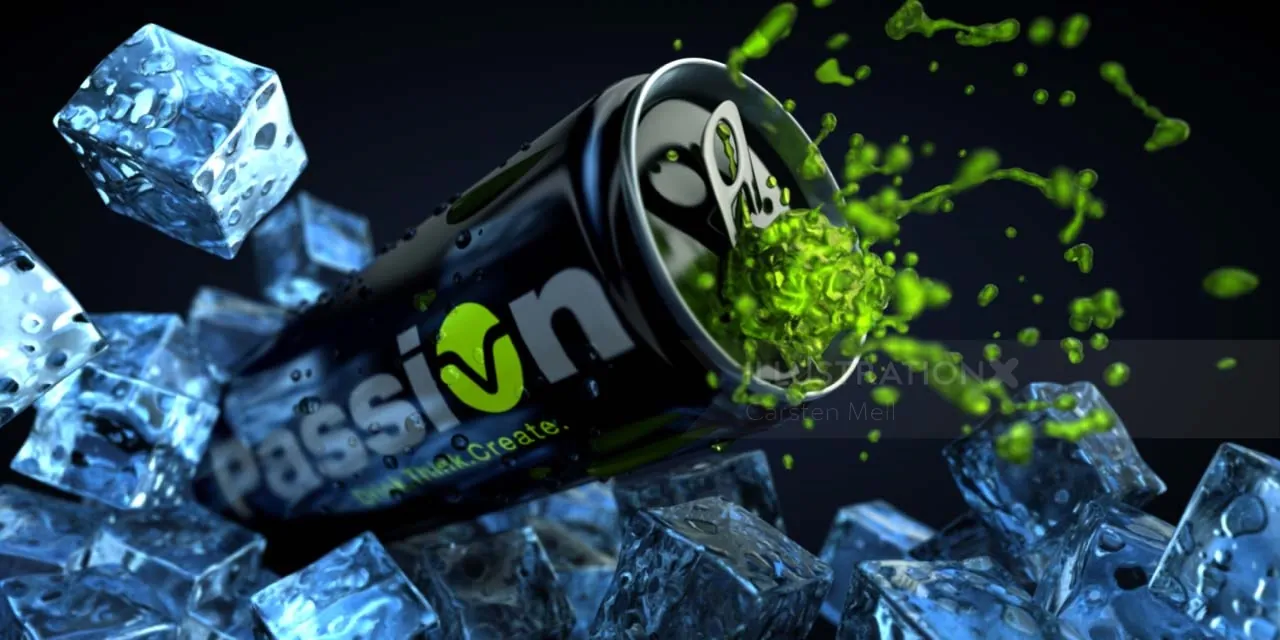 Energy drink can labeled PassiOn splashing green liquid next to ice cubes by Carsten Mell