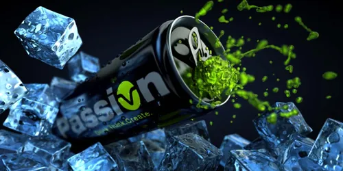 Energy drink can labeled PassiOn splashing green liquid next to ice cubes by Carsten Mell