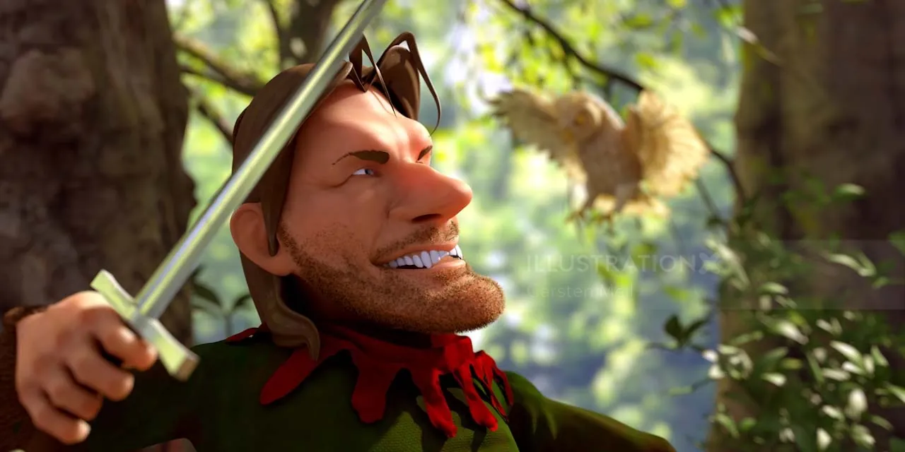 3D animated adventurer holding a sword and hat in forest by Carsten Mell
