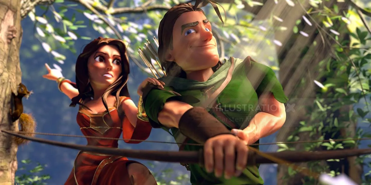 Animated archer aiming bow with female companion in forest by Carsten Mell