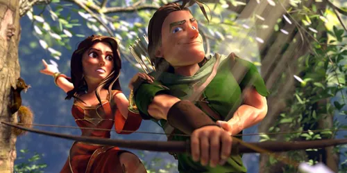 Animated archer aiming bow with female companion in forest by Carsten Mell