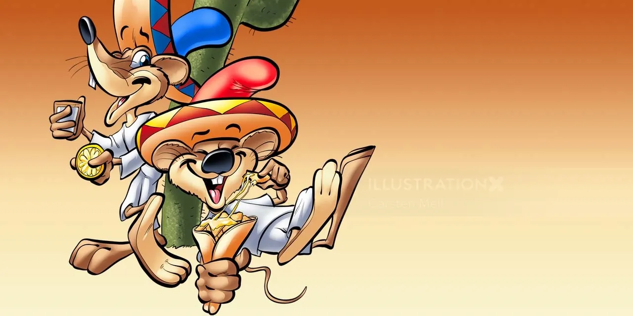 Two cartoon dogs wearing colorful hats eating ice cream cones by Carsten Mell