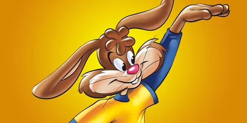 Cheerful cartoon rabbit waving on yellow background by Carsten Mell