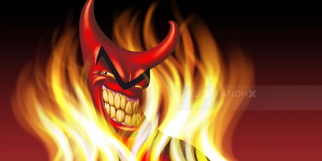 Grinning demon with fiery flames illustration by Carsten Mell