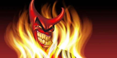 Grinning demon with fiery flames illustration by Carsten Mell