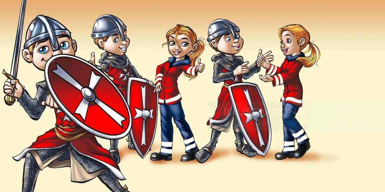 Cartoon Vikings playing with modern girls by Carsten Mell