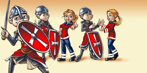 Cartoon Vikings playing with modern girls by Carsten Mell
