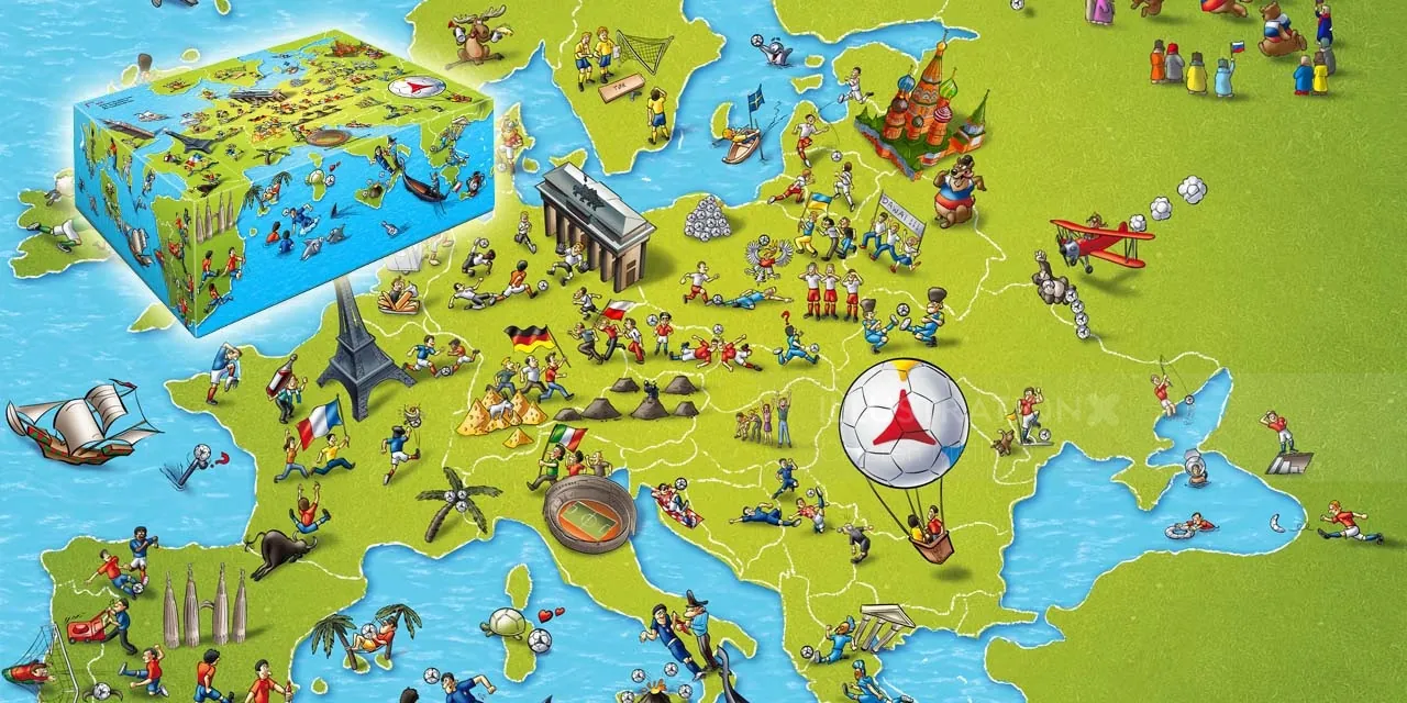 Illustrated map of Northern Europe with landmarks and wildlife by Carsten Mell