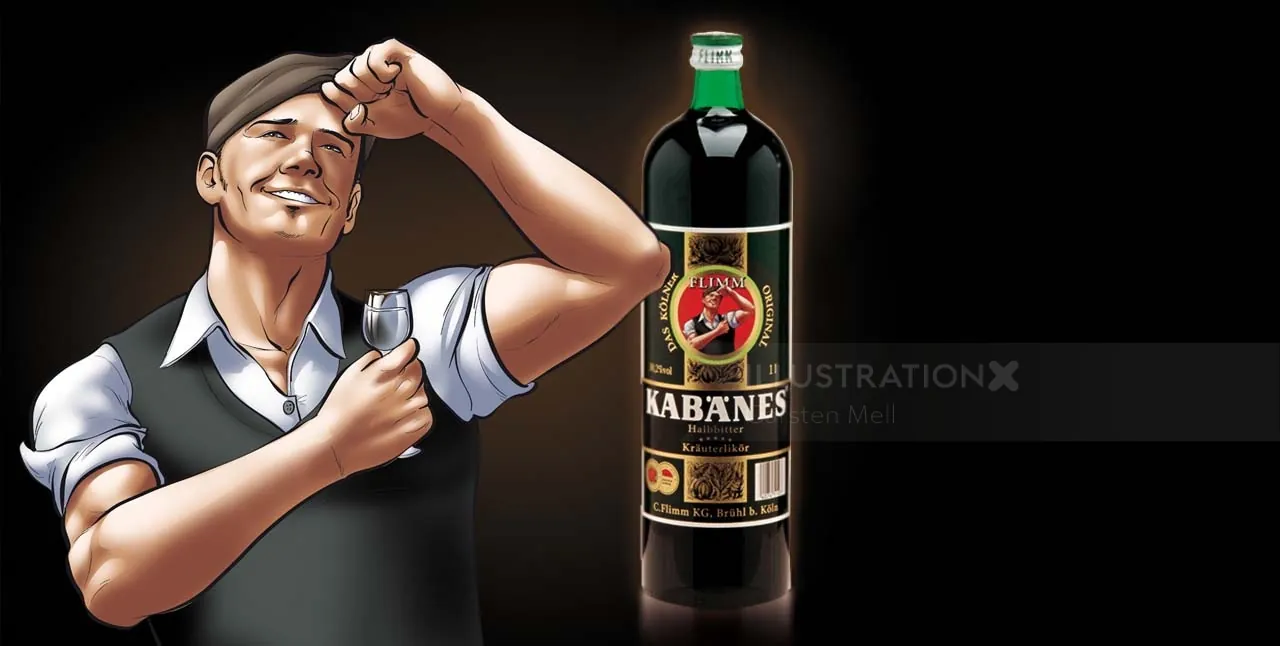 Illustration of man celebrating beside Labanes wine bottle by Carsten Mell