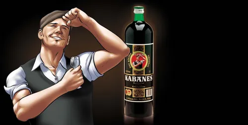 Illustration of man celebrating beside Labanes wine bottle by Carsten Mell