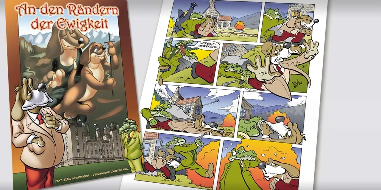 Comic panels with anthropomorphic animals in humorous outdoor scenes by Carsten Mell
