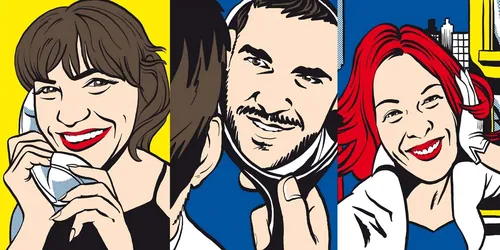 Three people smiling in pop art style by Carsten Mell