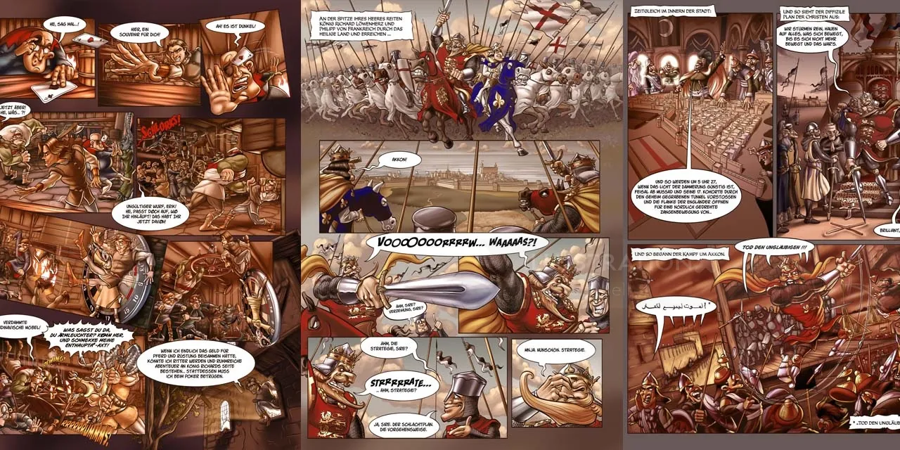 Detailed medieval battle comic panels by Carsten Mell