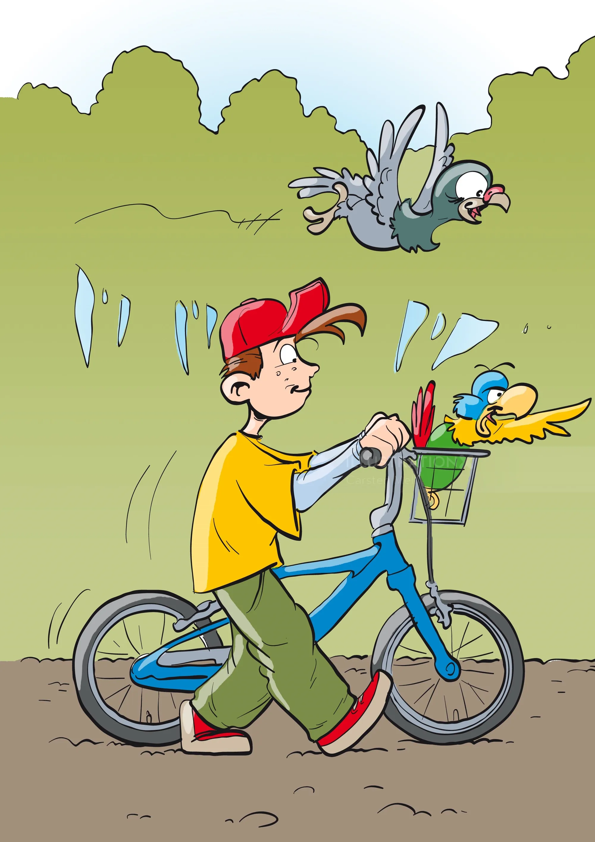 Boy feeding birds while walking bike in park by Carsten Mell