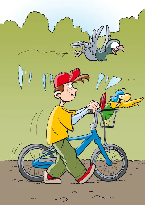 Boy feeding birds while walking bike in park by Carsten Mell