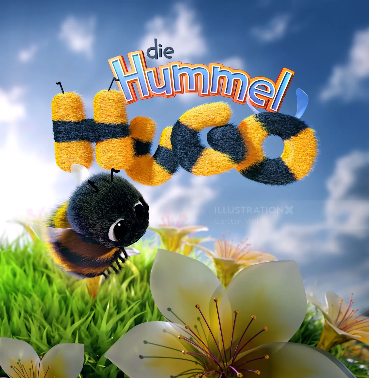 3D bumblebee character Die Hummel Hajo above flowers by Carsten Mell
