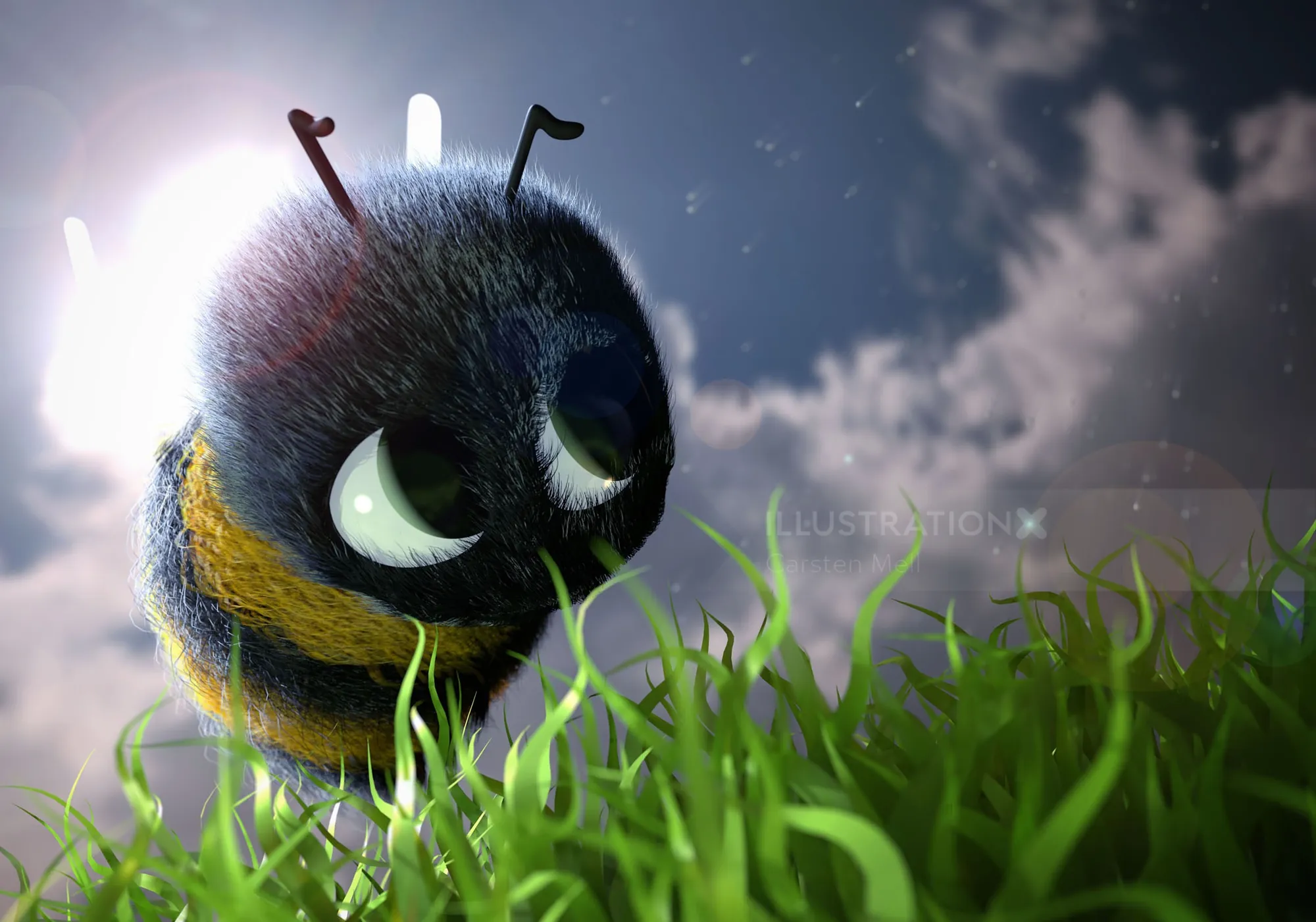 Cute fuzzy bee on grass with bright sky by Carsten Mell