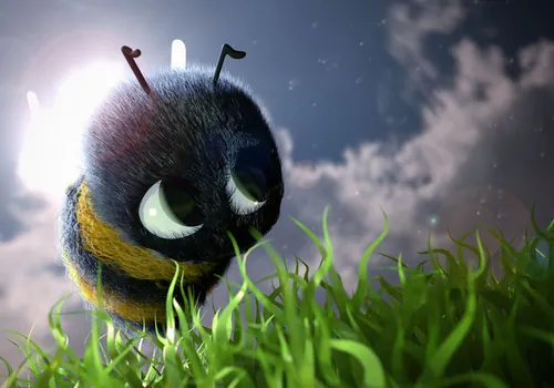 Cute fuzzy bee on grass with bright sky by Carsten Mell