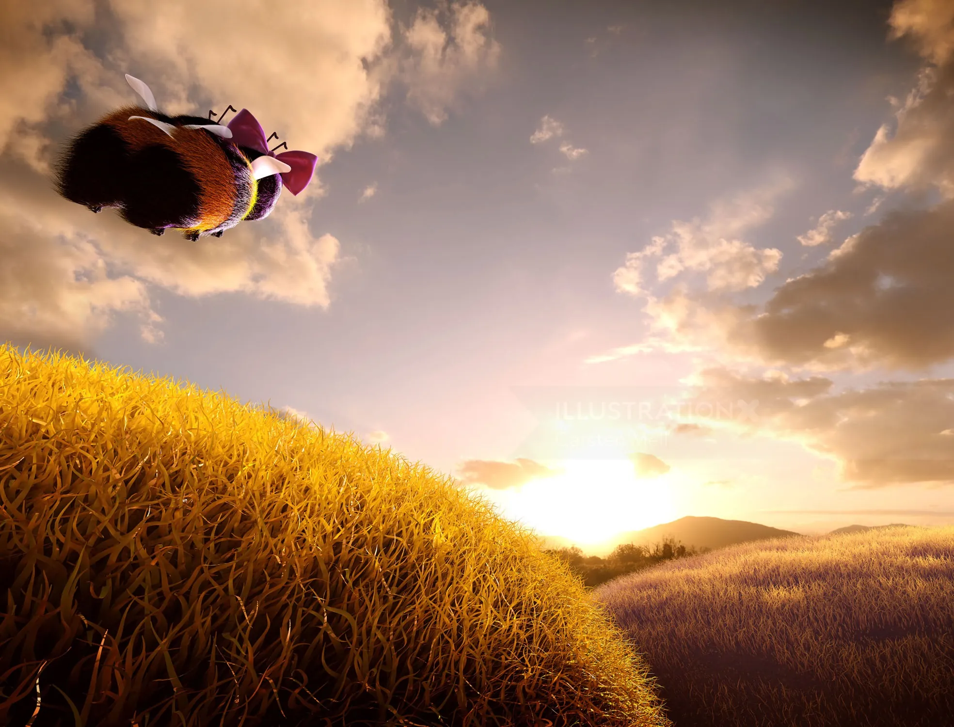 Figure jumping over golden field at sunset by Carsten Mell