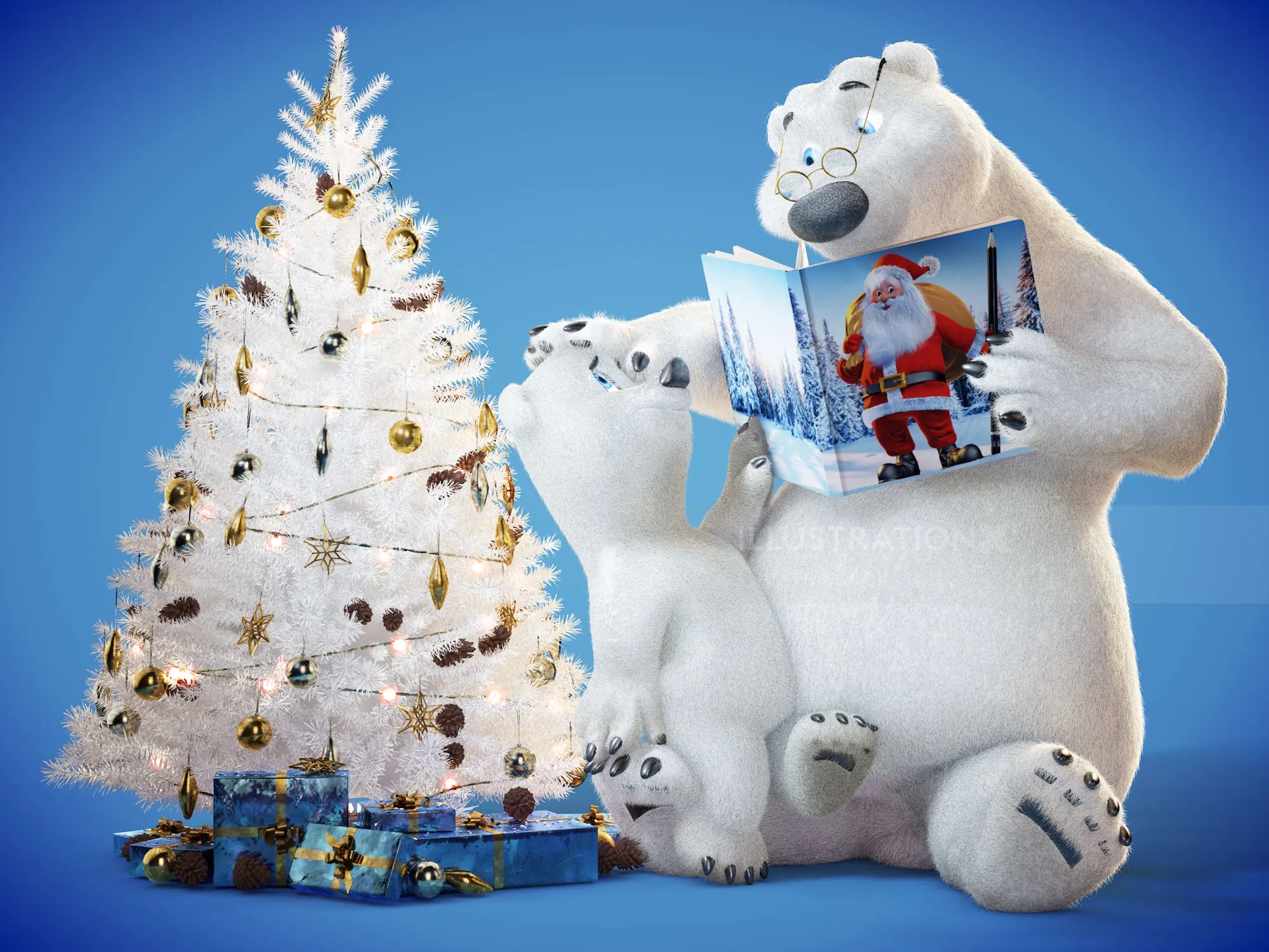 Polar bears reading a Christmas book near decorated white tree by Carsten Mell