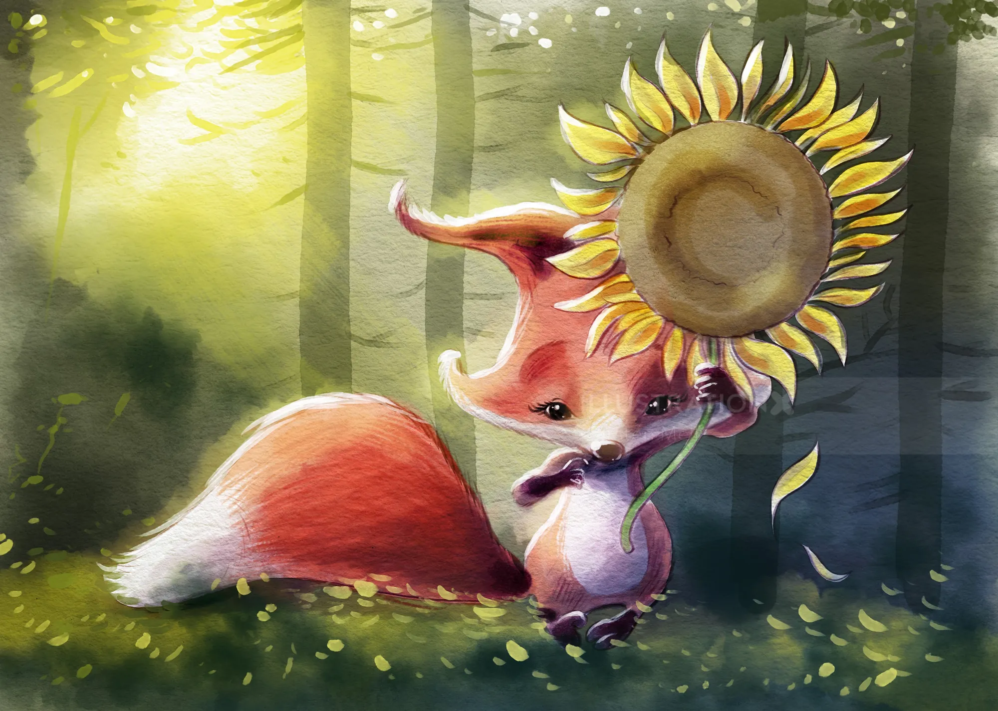 Fox holding a sunflower in a forest by Carsten Mell