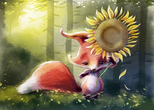 Fox holding a sunflower in a forest by Carsten Mell