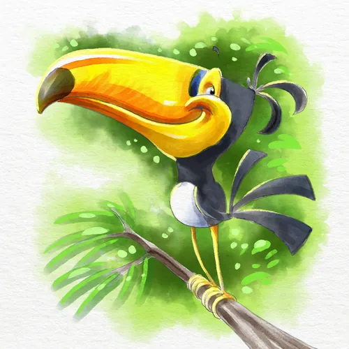 Colorful toucan perched on a branch in bright green surroundings by Carsten Mell