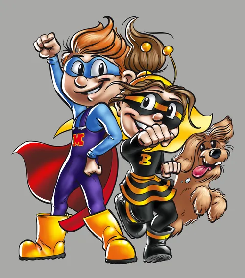 Cartoon superheroes and dog illustration by Carsten Mell