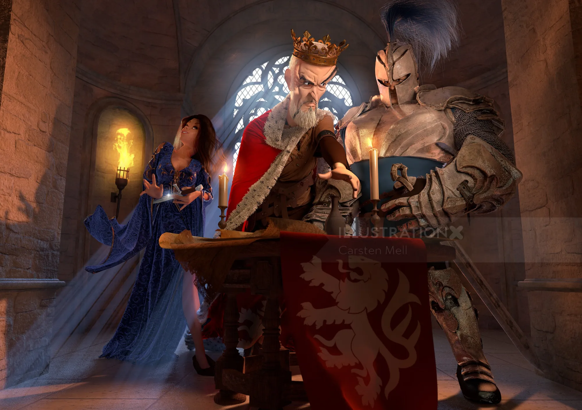 Medieval king reading scroll with knight and woman in castle interior by Carsten Mell