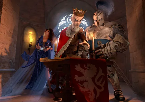 Medieval king reading scroll with knight and woman in castle interior by Carsten Mell