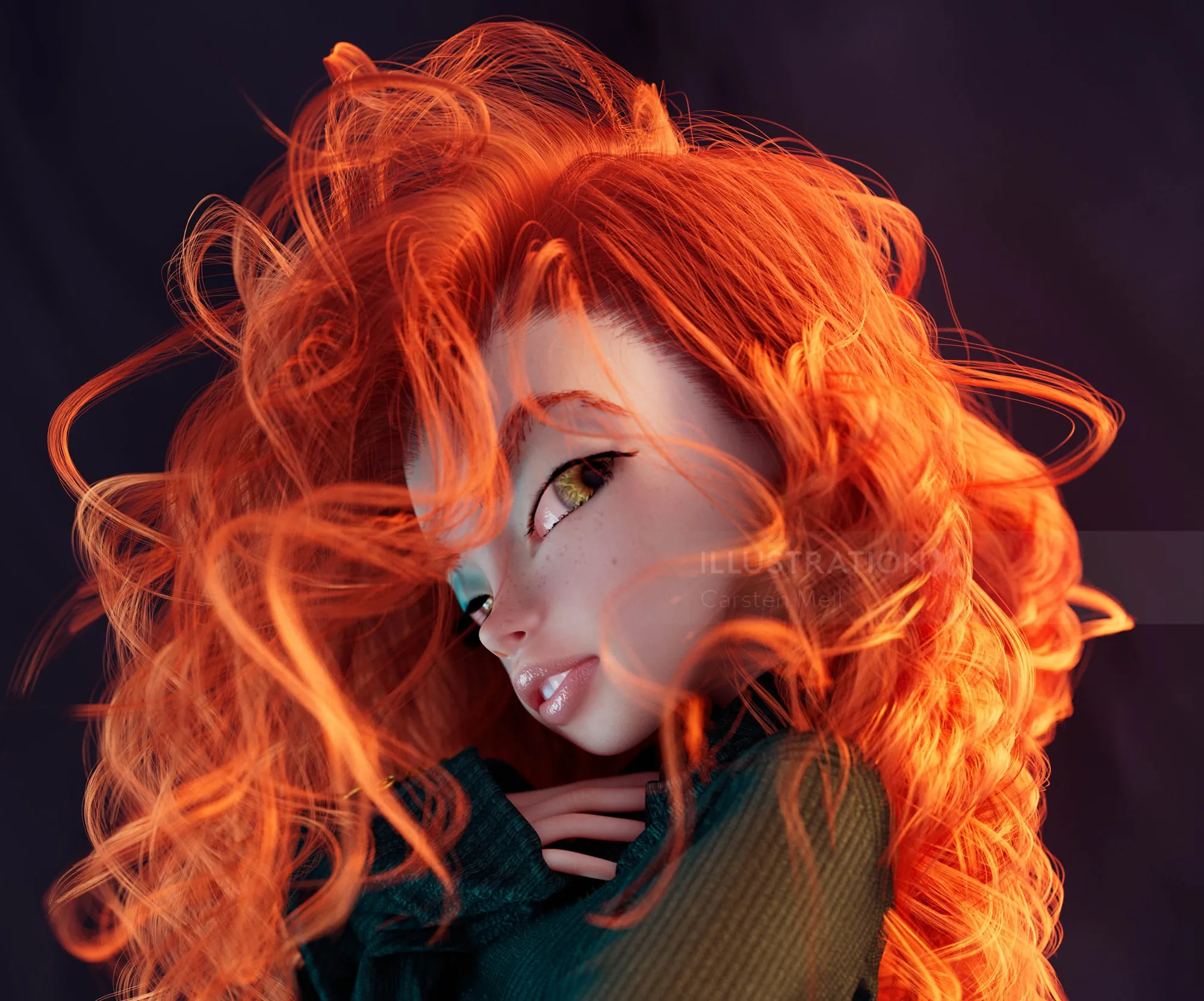 Woman with vibrant flaming red hair and a green top by Carsten Mell