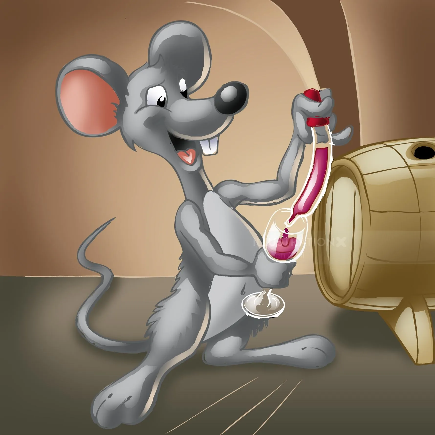 Gray cartoon mouse pouring red wine from barrel into glass