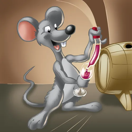 Gray cartoon mouse pouring red wine from barrel into glass