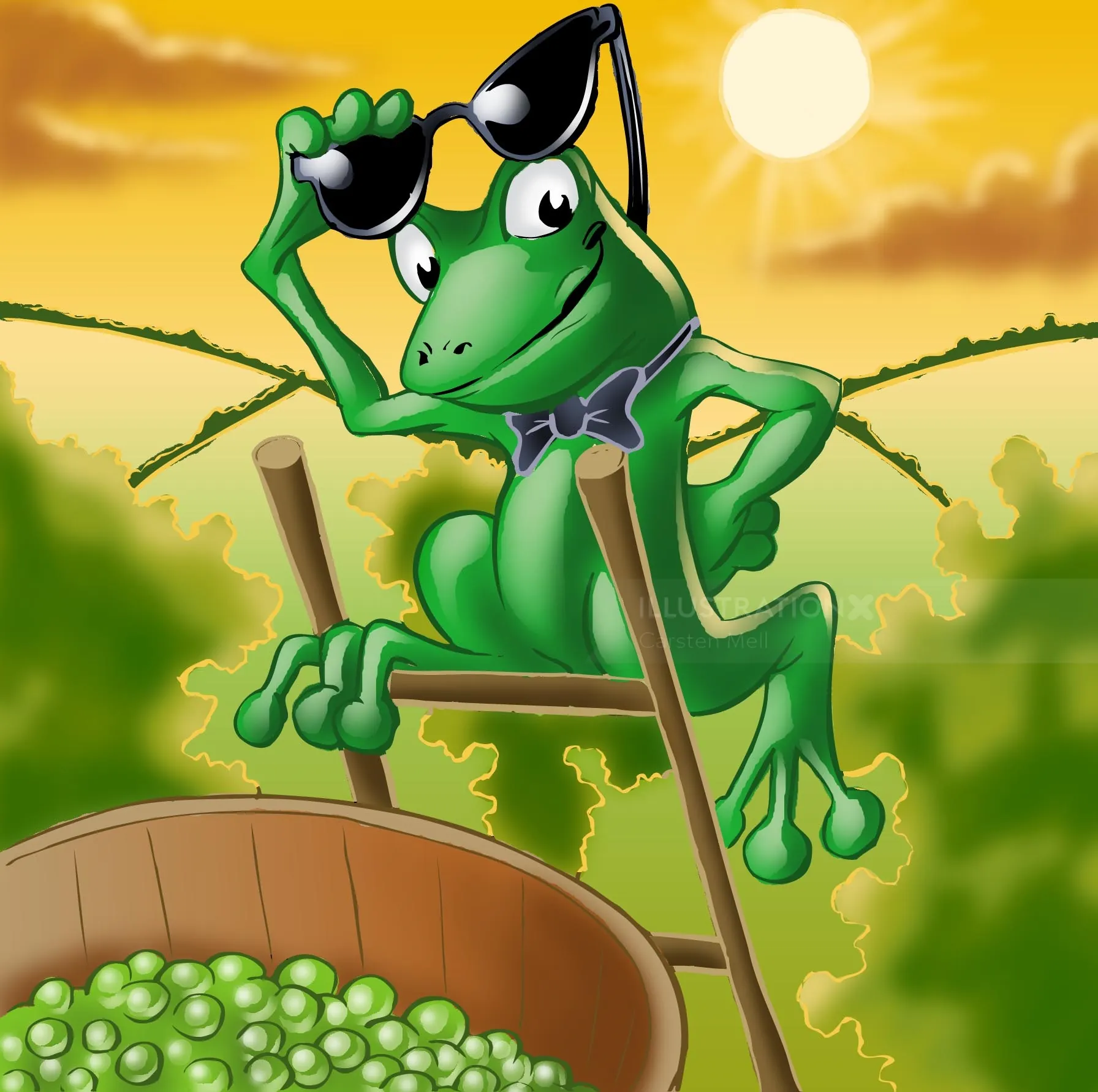 Green frog with sunglasses on a swing above basket of peas in a sunny garden