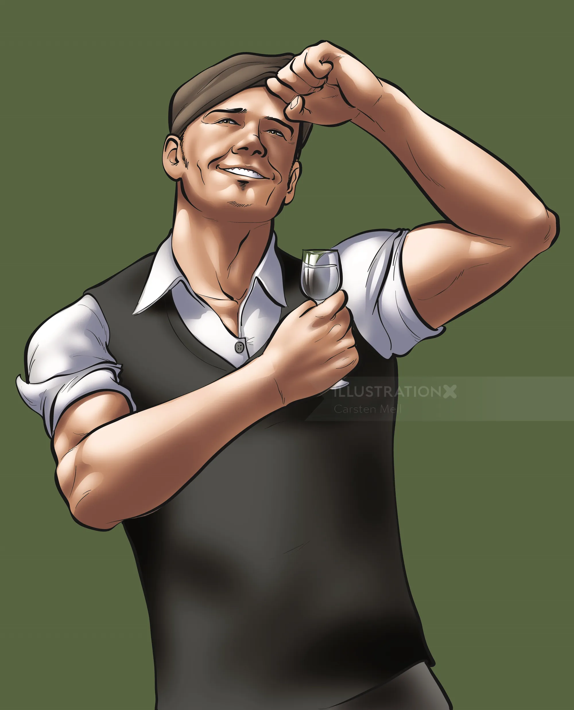 Man tipping beret and holding a small glass with a smile