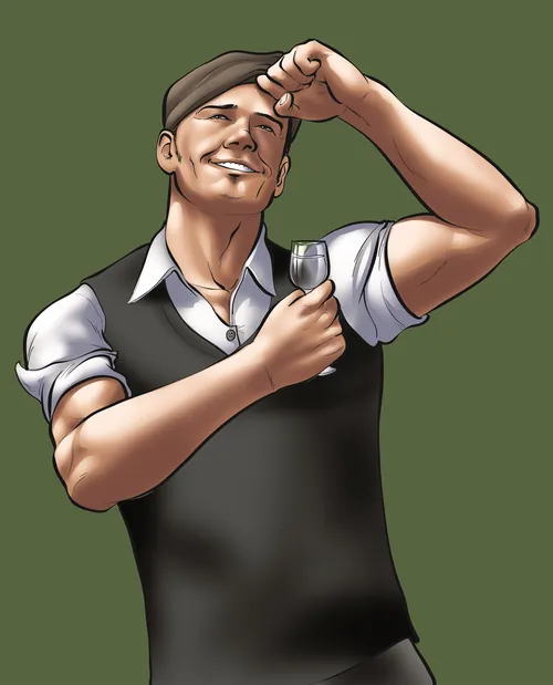 Man tipping beret and holding a small glass with a smile