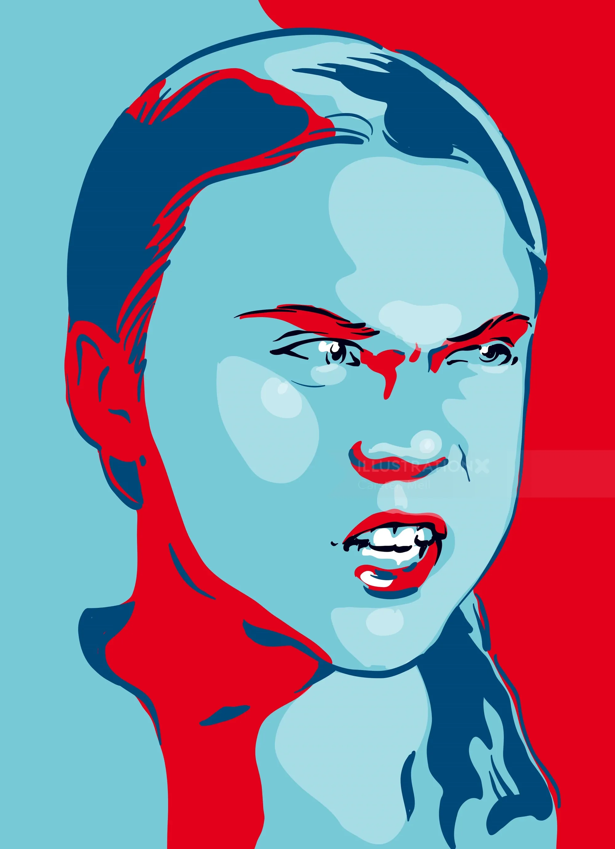Stylized intense facial expression in blue and red colors