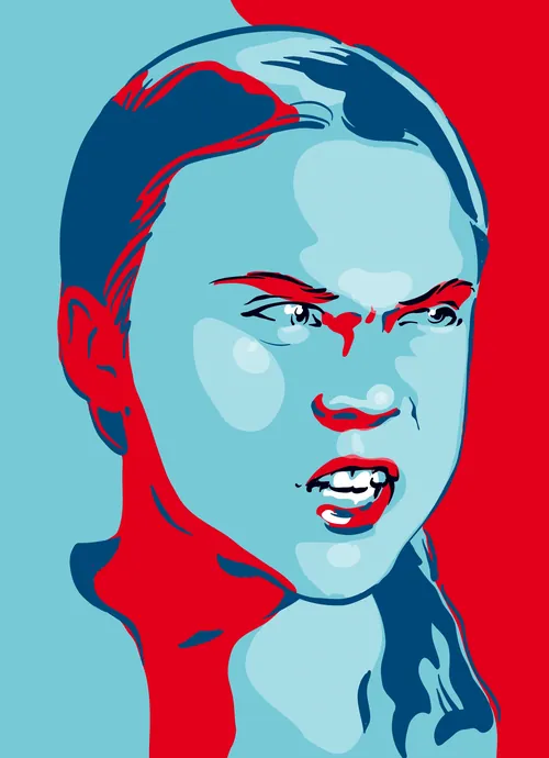 Stylized intense facial expression in blue and red colors