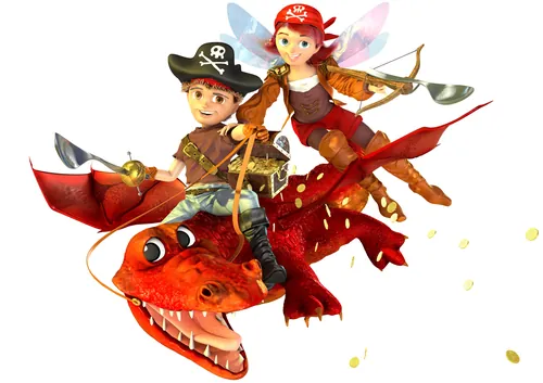 Two kids in pirate costumes riding a red dragon with gold coins