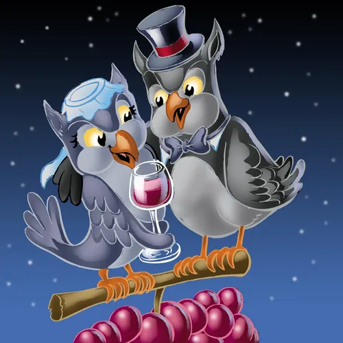 Two owls in hats sharing a glass of wine on a branch at night