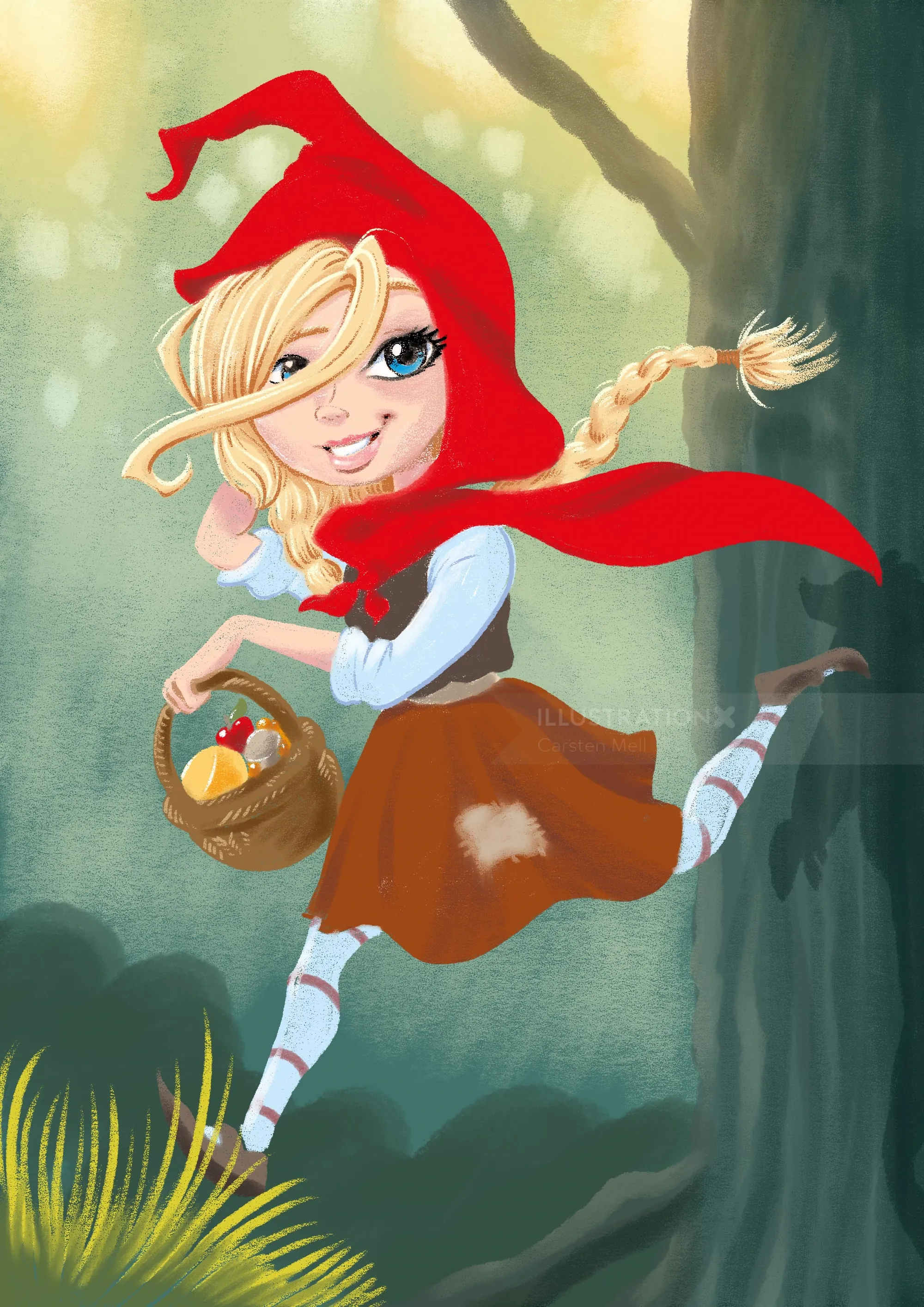 Smiling girl in red hood skipping with basket in forest