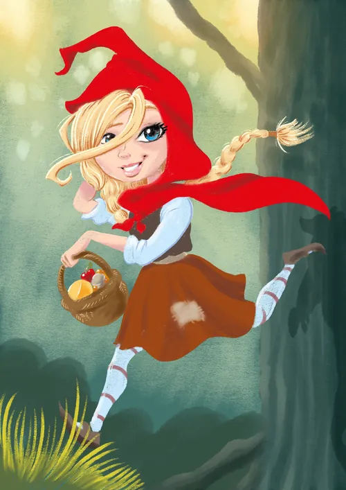 Smiling girl in red hood skipping with basket in forest