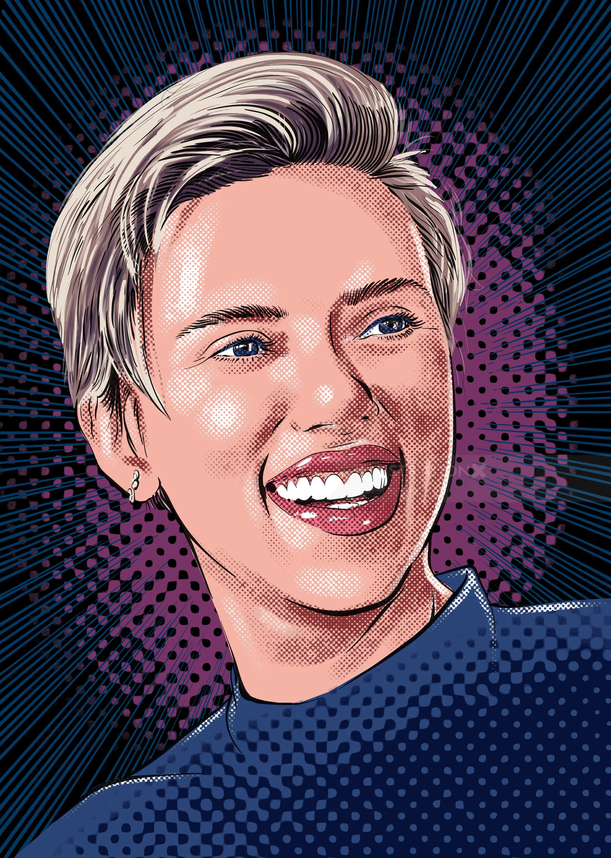 Smiling person with short blonde hair in blue shirt digital portrait