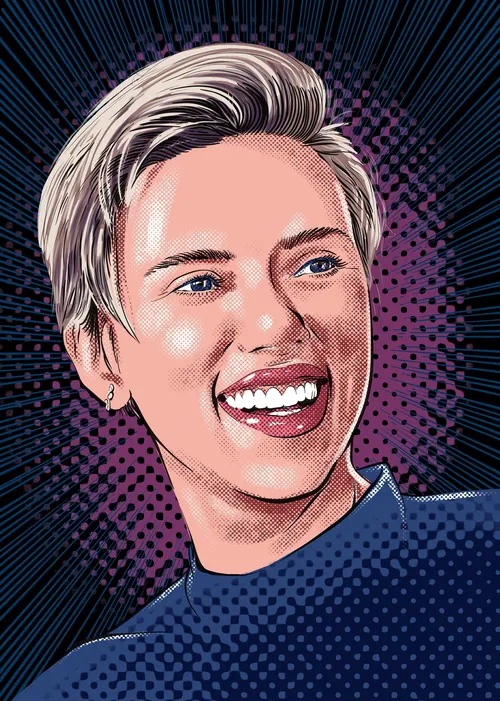 Smiling person with short blonde hair in blue shirt digital portrait